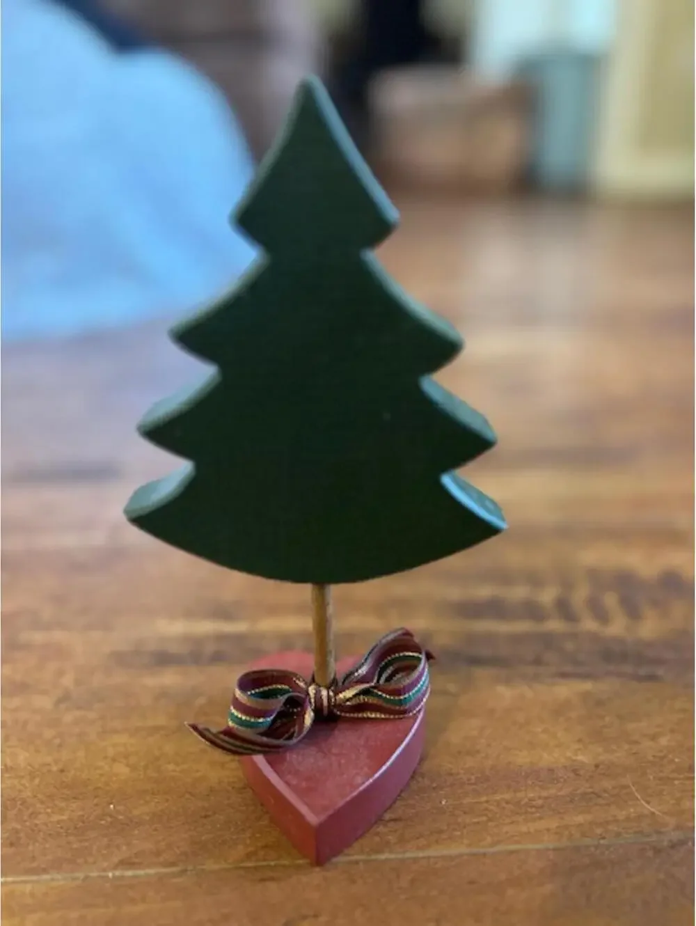 Small Wooden Christmas Tree Decoration with Heart Base and Bow